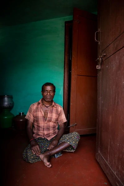 Subrahmanian from Pamarachodu Hamlet. His both legs are paralysed and he believed that it happened after he unknowingly crossed a subject, in which someone had put evil spirits aiming at him. 2017. 