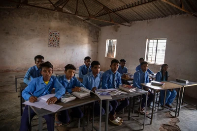 Students of level 11, in a class room in the same premises of Golapalli Ashram High school. It is a 'mixed gender' class room with Malathi being the only girl studying in it. She is from Gollapalli village. 
 