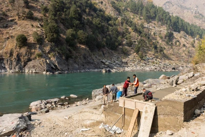 A ghat is made on the bank of Jhelum River. A path is also being constructed from the ghat to the Maa Sherda Temple. @Karna,LoC, Kupwara district/2023