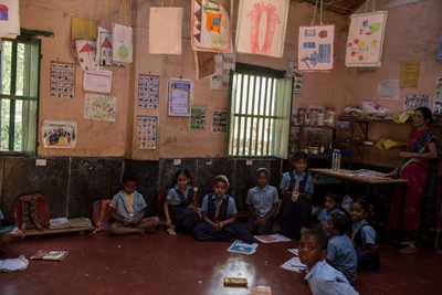 Halavali Government school, Ramanguli, where a considerable number of Siddi Tribe reside. Three students in the photograph are among them. 