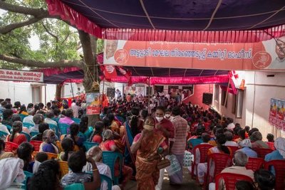  Leader of CPI (M), A K Balan, who was minister for Devasam and SC/ST Development in Kerala (2006-2011), participating an election campaign in Agali town. 2021.