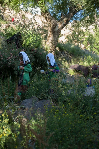 
Nazrat and Zahrat on their way home after cleaning utensils in a cataract, and Umul Bani, the youngest and the chirpiest among them, pretending to hide behind. At Hundurmaan, a border-sharing village in Kargil.
